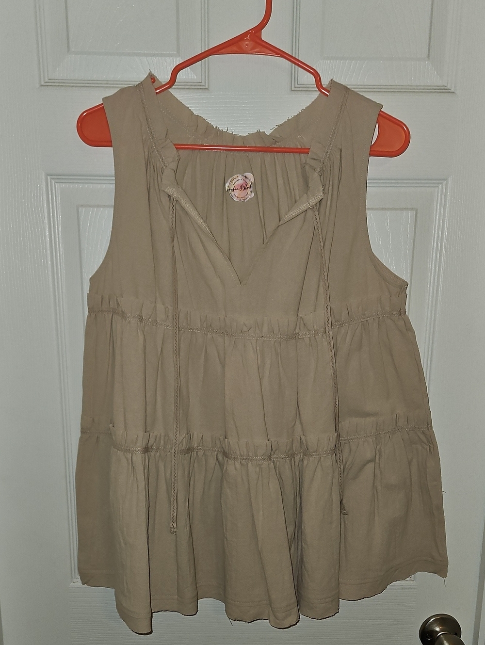 Beige Tiered Top with Tie Neck